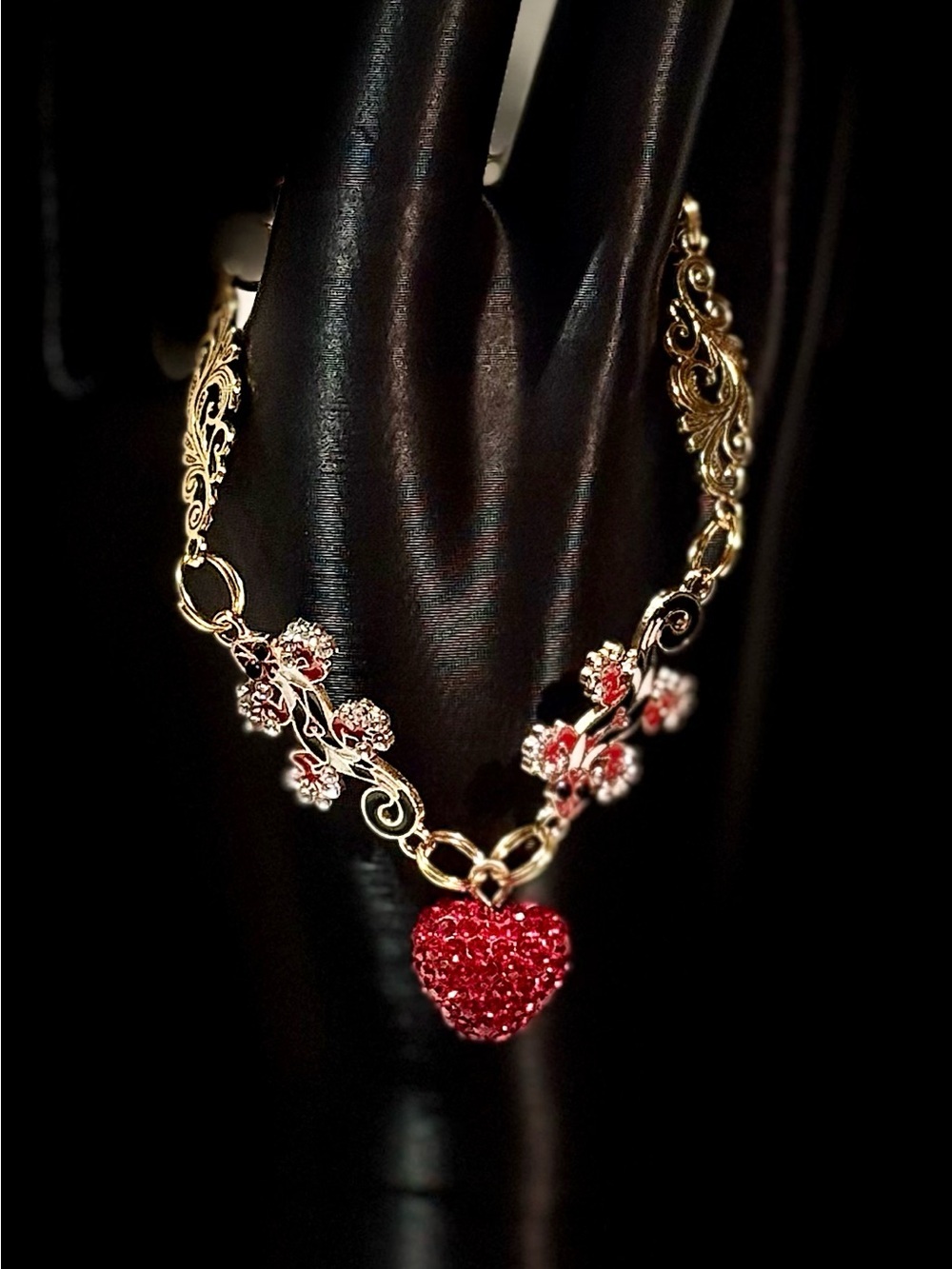 Gold-Tone Lizard Bracelet with Red Heart Pendant